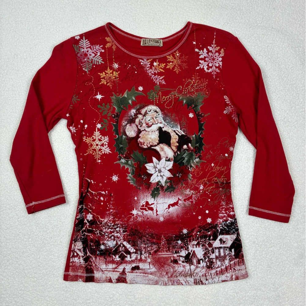 Y2K Blue Canyon Clothing Santa Graphic Top with Rhinestones Small S